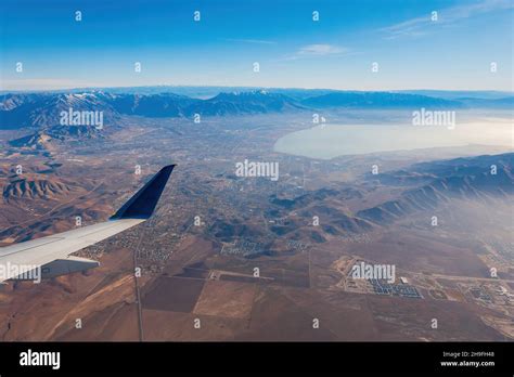 Aerial view of the Utah Lake and city around at Utah, USA Stock Photo ...