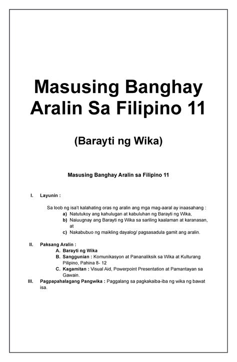 FIL 11 Detailed Barayti NG WIKA - Masusing Banghay Aralin Sa Filipino ...