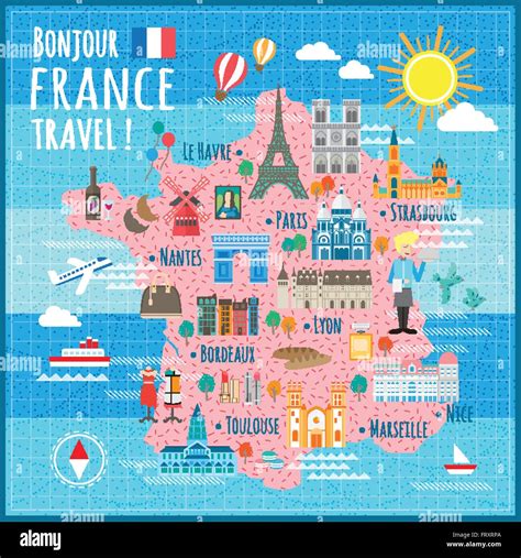 attractive France travel map with attractions and specialties Stock ...