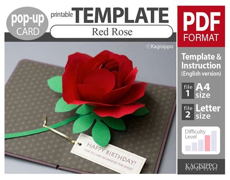 Template_pop-up Card_red Rose pdf_digital Download File - Etsy