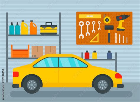 Car in home garage background. Flat illustration of car in home garage ...