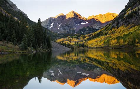 lake, Mountains, Reflection, Forest, Snow, Forest, Maroon, Bells ...