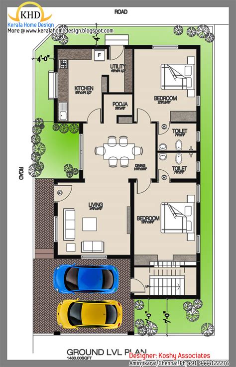 Single Floor House Plan and Elevation - 1480 Sq. Ft. | home appliance