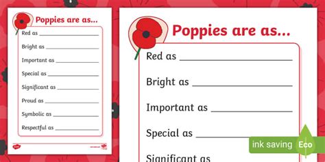 Remembrance Day Poppies Simile Poem Template (teacher made)