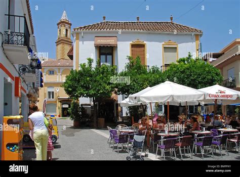 Pavement cafes in the old town, Estepona, Costa del Sol, Malaga ...