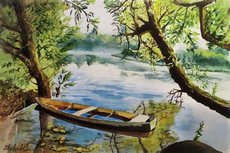 Boat Painting Watercolor Original Art Landscape Tree Artwork River Wall ...