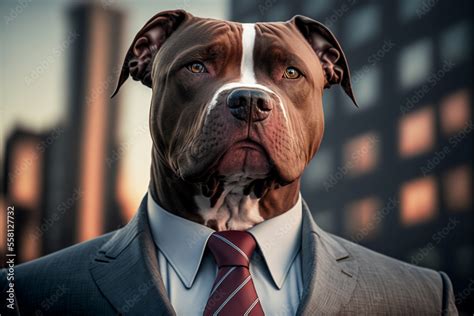 Portrait of a Stafford business dog in a stylish business suit against ...