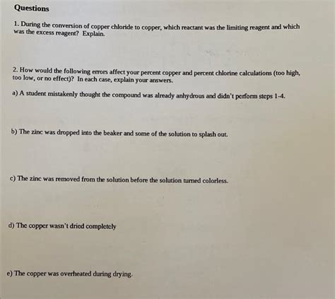 Solved 1. During the conversion of copper chloride to | Chegg.com