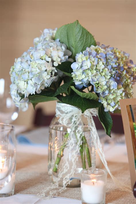 Blue Hydrangea with Lace in Mason Jar | Designed by Judy Johnston of ...