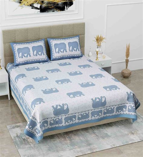 Buy Blue Traditional 108 TC Cotton King Sized Bed Sheets with 2 Pillow ...