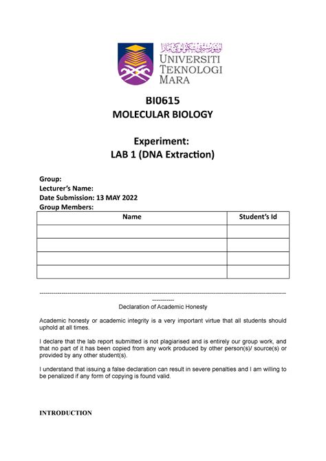 FULL LAB 1 BIO615 - Lab report about DNA extraction. This report ...