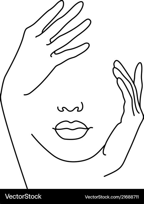 Line drawing art woman face with hand Royalty Free Vector