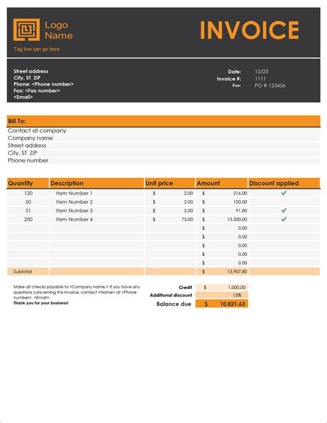 Sample Invoice Template Excel