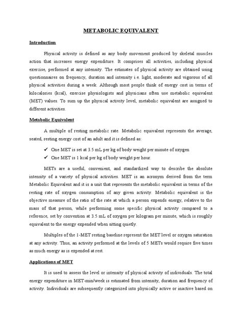 Metabolic Equivalent | PDF | Quantity | Determinants Of Health