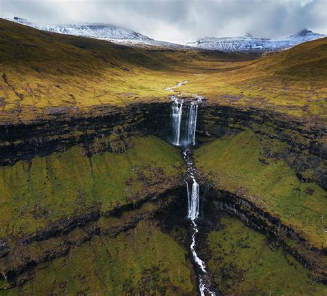 Aerial view of the Fossa Waterfall on island Bordoy in the Faroe ...