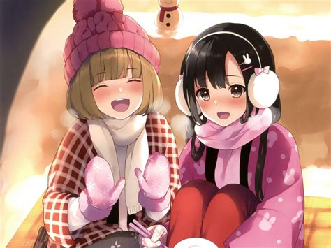 Wallpaper winter, cute anime girls, friends desktop wallpaper, hd image ...