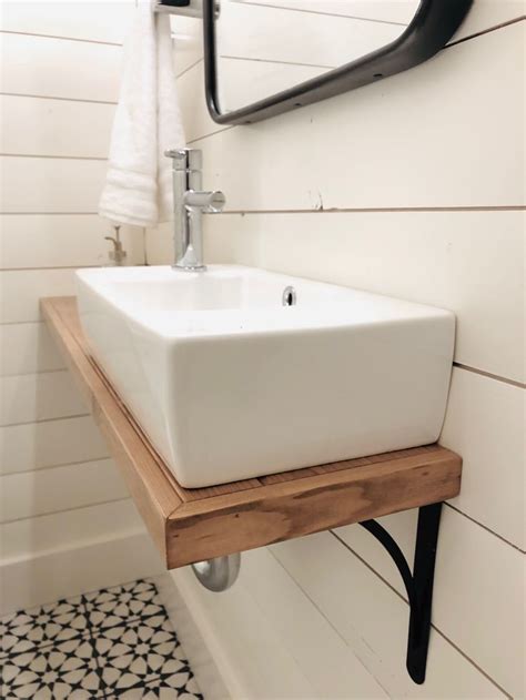 Wall mounted sink with custom shelf and shiplap walls. | Small bathroom ...