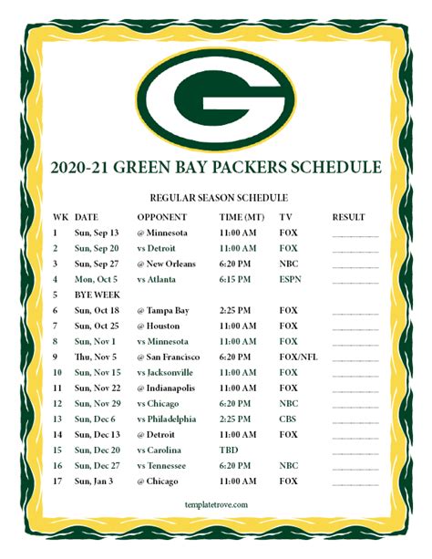 Printable 2020-2021 Green Bay Packers Schedule