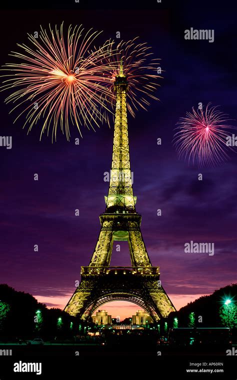 Eiffel Tower at night, fireworks, Paris, France, digital composite ...