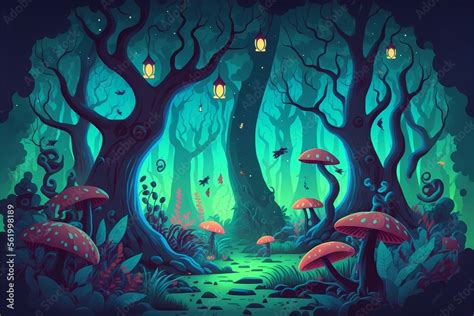 Mystical forest illustration, cartoon style landscape,endless nature ...