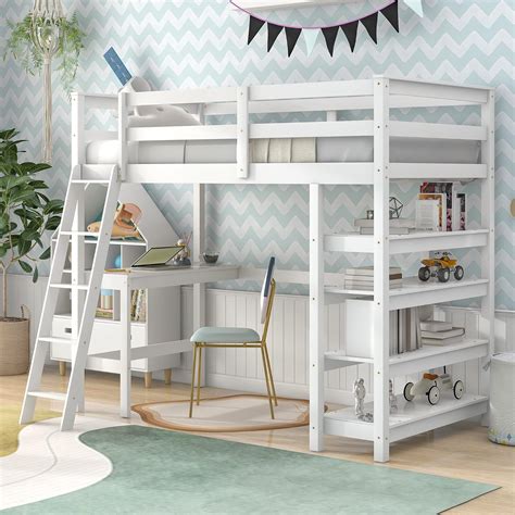 Amazon.com: HomSof Twin Size Loft Bed with Shelves and Desk,Wooden Twin ...