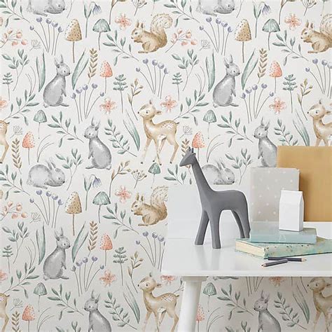 Woodland Animals Neutral Wallpaper in 2021 | Girl nursery wallpaper ...