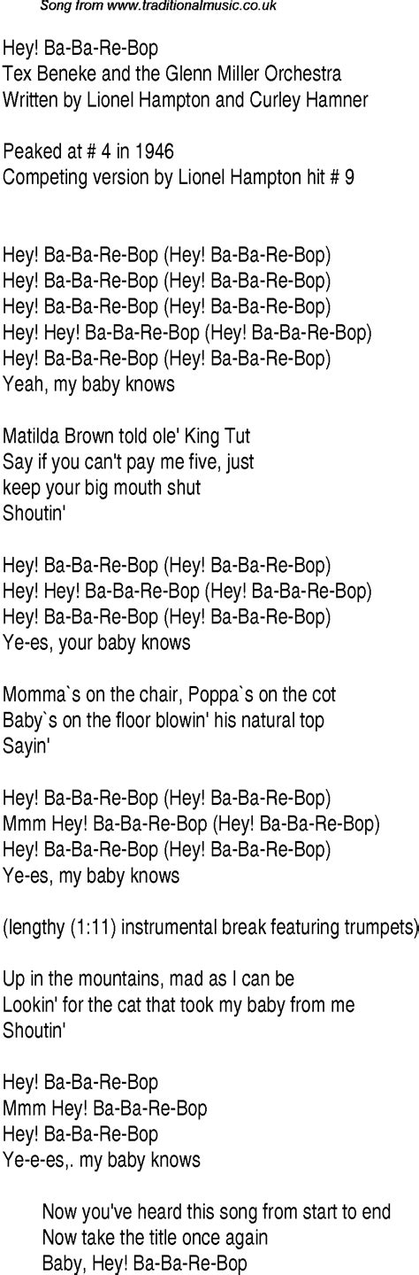 Top songs, 1946 music charts: lyrics for Hey Ba Ba Re Bop