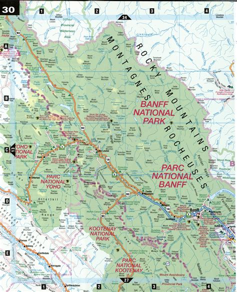 Road map Banff and Rocky Mountain Parks surrounding area (Alberta, Canada)