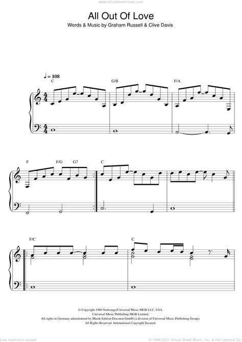 Supply - All Out Of Love, (intermediate) sheet music for piano solo