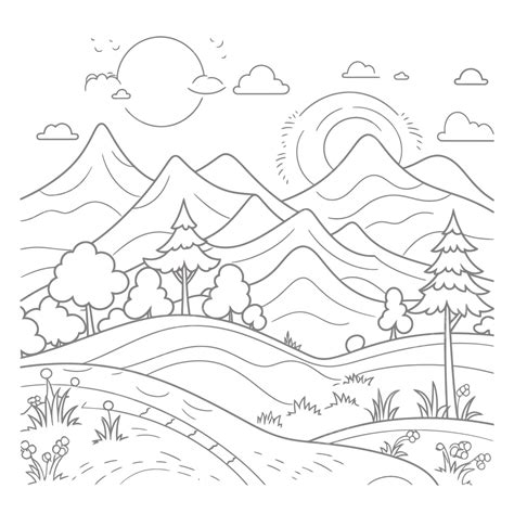 Simple Mountain Landscape Free Printable Coloring Pages Outline Sketch ...