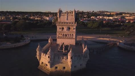 belem tower sunset 4k aerial drone Stock Footage Video (100% Royalty ...