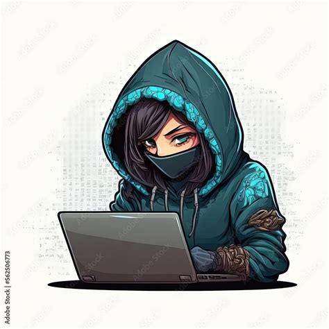 Cute girl hacker with laptop. Avatar in cartoon style. Generative Ai ...