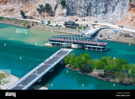 Newly constructed swing bridge over Buna River, Shkodër, Shkodra Stock ...