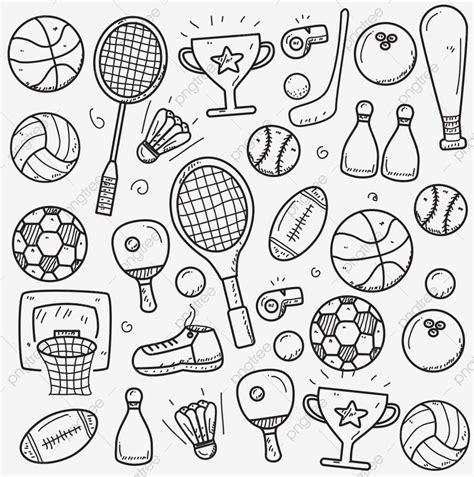 black and white drawing of various sports items