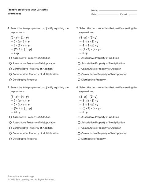 Algebra Properties Worksheet Name: Date: Per: ______ For #1-27 ...