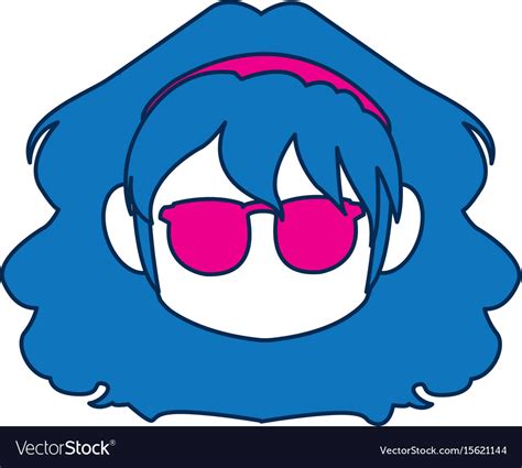 Chibi anime girl face blue hair glasses Royalty Free Vector