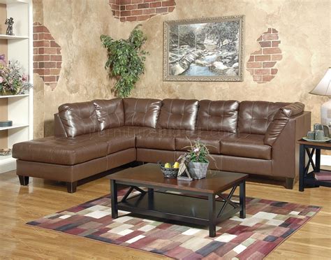 Brown Bonded Leather Modern Sectional Sofa W/Tufted Seats