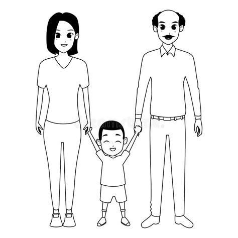 Family Young Parents with Children Cartoon in Black and White Stock ...