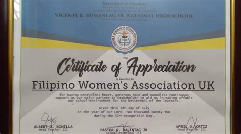 Certificate of Appreciation from VRBSNH - Filipino Women's Association UK