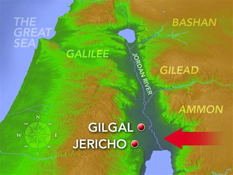 Map showing Jericho and Gilgal. The only southern route up to the ...