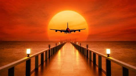 Download wallpaper 1920x1080 airplane, photoshop, pier, sunset, full hd ...