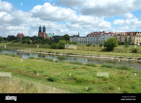 Warta river, cathedral and other buildings in Poznan, Poland Stock ...