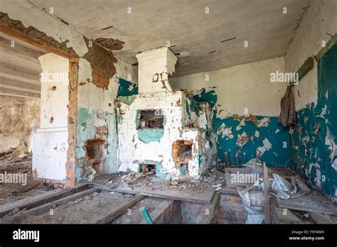 Blue interior of the kitchen of an abandoned house in Chernobyl ...