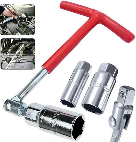 Spark Plug Socket Wrench Set - Red T-Handle Stainless Steel Silicone ...