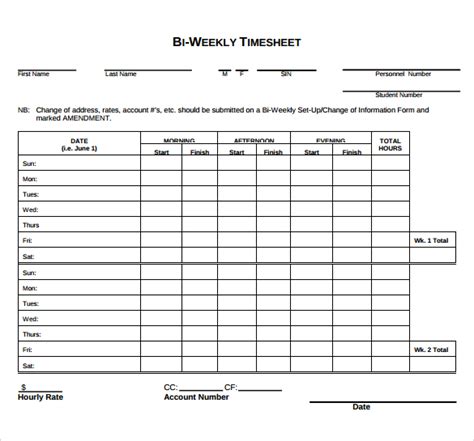 Printable Biweekly Timesheet