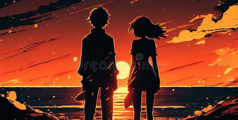 Couple on the Sunset Beach, Anime Style Stock Illustration ...