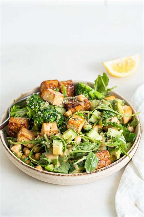 High-Protein Vegan Salad with Tofu, Tempeh, Chickpeas & Avocado