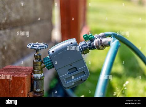 Garden water timer on a spigot with a splitter and hoses Stock Photo ...