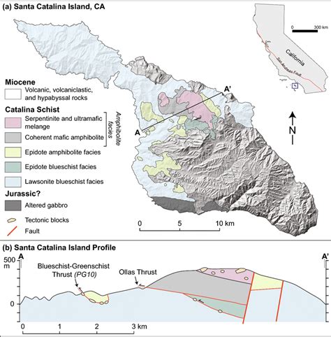 (a) Geologic map of Santa Catalina island. (b) Simplified cross section ...