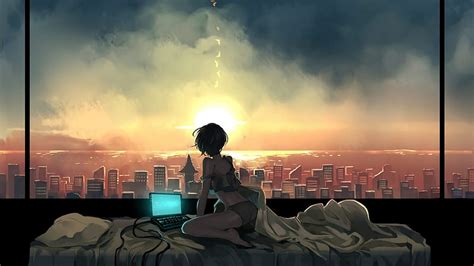 Early morning, city, girl, anime, buildings, sea, HD wallpaper | Peakpx